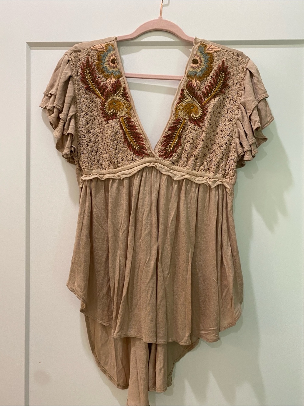Free People Fiesta Nueva sand beige tunic with embroidered details